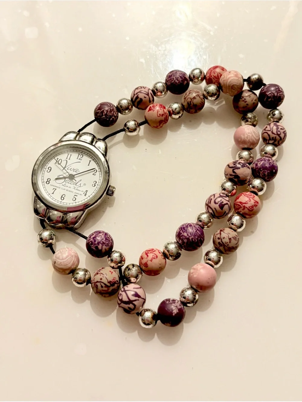 Viva Beads Women's Analog Quartz Beaded Bracelet Watch White Dial Silver Tone